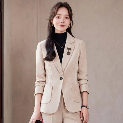2024 Autumn New Corduroy Elegant Pant Suit Ladies Formal Business Work Wear 2 Piece Set Black Coffee Jacket Blazer And Trouser
