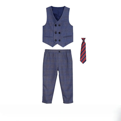 Boys Formal Wedding Birthday Prom Suit Set With Jacket Vest Pants Tie Brooch Children's Piano Host Speech Performance Costume