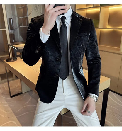 2026 Crocodile Patterned Leather Suit Jacket Men Slim Fit Business Casual Leather Jacket Wedding Groom Party Work Men Blazers
