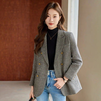 Fashion Grey Blazer Women Coffee Long Sleeve Casual Jacket for Autumn Winter Female Coats Double-Breasted Suit Women’s Clothing