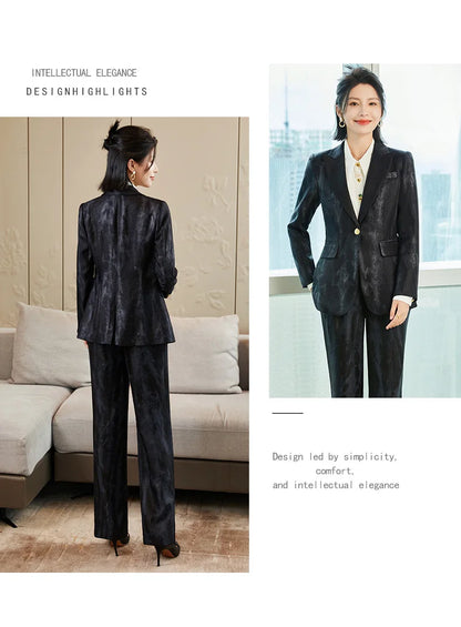 Women Golden Black Formal Pant Suit Autumn Female Tie-dye Blazer and Trouser 2 Piece Set For Office Ladies Winter Work Wear