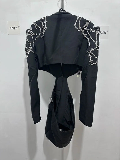Sexy Stylish Coats 2025 Spring Autumn New Women Diamonds Nail Bead Heavy Waist Exposed High Sense Long Sleeve Blazer HK3760