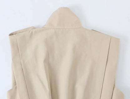 2026 Autumn Women Stand Collar Double Breasted Vest Epaulet Decor Ruched Hem Sleeveless Cropped Waistcoat Casual Outer Top