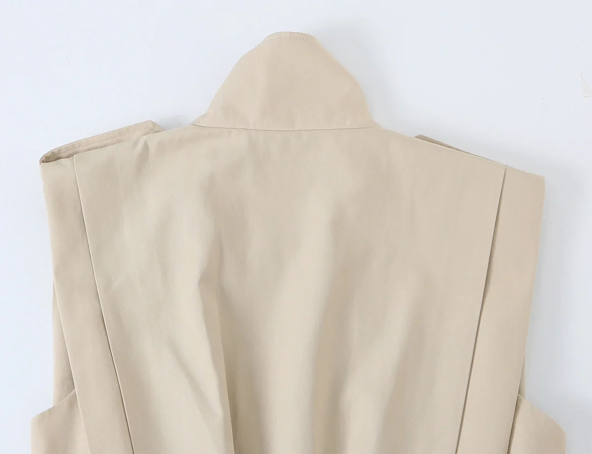 2026 Autumn Women Stand Collar Double Breasted Vest Epaulet Decor Ruched Hem Sleeveless Cropped Waistcoat Casual Outer Top
