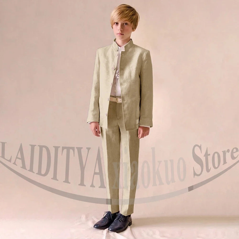 Chic Linen Boy Suits Fashion Stand Collar Single Breasted Blazer with Pants Formal Wedding Tuxedo Daily Casual Kids Clothes
