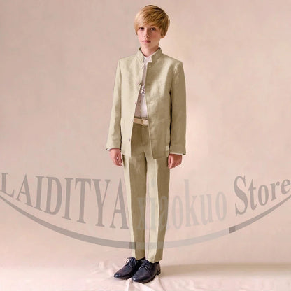 Chic Linen Boy Suits Fashion Stand Collar Single Breasted Blazer with Pants Formal Wedding Tuxedo Daily Casual Kids Clothes