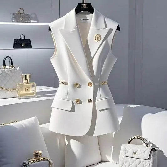 New High-end Vest Women Blazers Sleeveless Simple Single Breasted Office Lady Casual Temperament Coats Chic Korean Fashion 2025