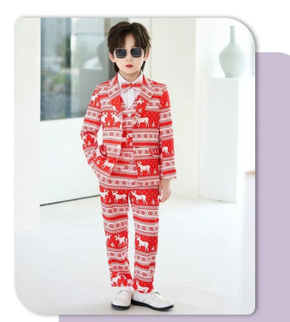 Boys Christmas Blazer Jacket Waistcoat Pants Wedding Suits Kids Morning Coat Formal Dress Children Tuxedos Toddler Clothes Sets