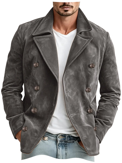 Men Faux Suede Jacket Double Breasted Lapel Collar Casual Blazer Vintage Comfort Business Office Autumn Winter Fashion Male Coat