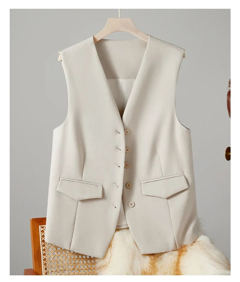 2025 New Women's Blazer High End Casual Vest Waistcoat Female Commuting Slimming Collar Less Sleeveless Short Suit Jacket Lined