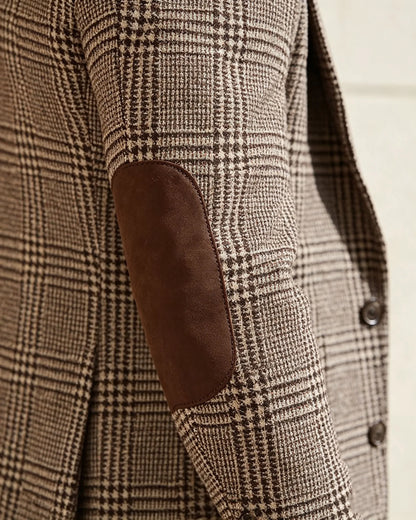 Vintage Wool Blend Plaid Men's Jackets Notched Collar Slim Fit Single Breasted Blazers With Suede Elbow Patches Business Casual