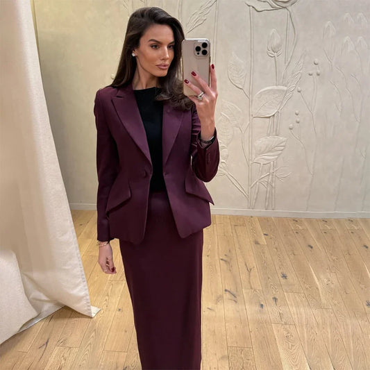 Fashion Women Suits Blazer Dress Solid Color Chic One-Button Peak Lapel 2 Piece Jacket With Skirts Customized Female Clothing