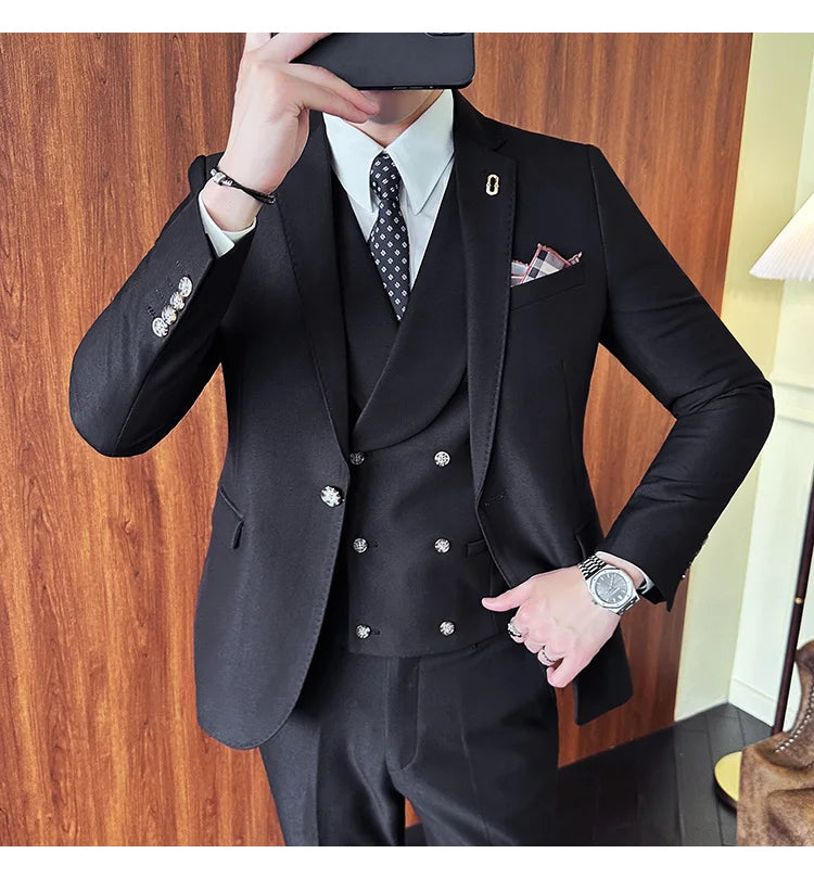 (Jackets+Pants+Vest) High Quality Men Slim Fit Party Tuxedos 3 Pieces Fashion Double Breasted Vest Design Business Wedding Suit