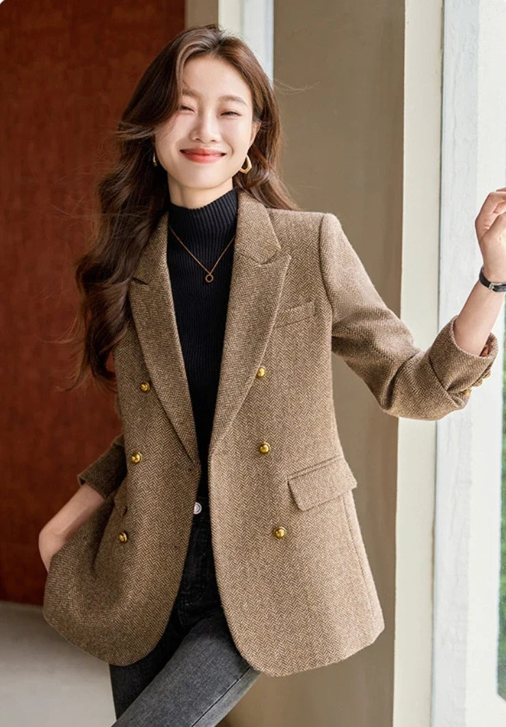 Fashion Grey Blazer Women Coffee Long Sleeve Casual Jacket for Autumn Winter Female Coats Double-Breasted Suit Women’s Clothing