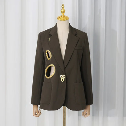 Women Blazer Elegant Fashion Metal Hollow Out Design Long Sleeve Loose Versatile Trendy Suit-Coat Spring Autumn New HK26606