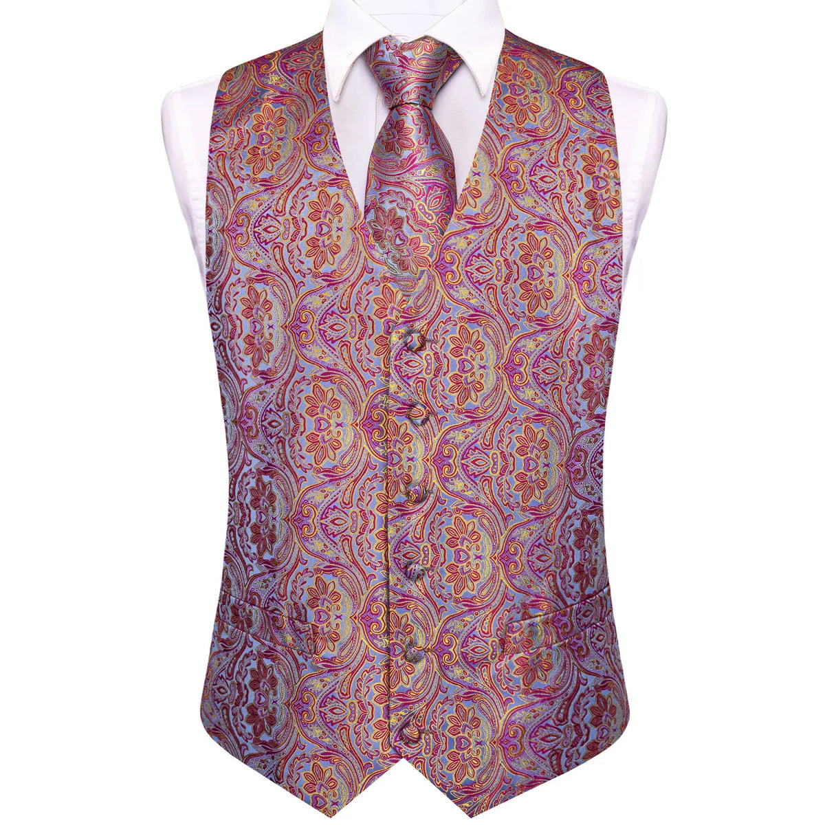Men's Vest 6-Piece Matching Set – Paisley Waistcoat with Necktie, Bowtie & Accessories for Prom & Banquets