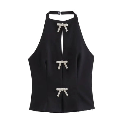 Rhinestone Bow Halter Top Women Off Shoulder White Crop Top Woman Party Backless Sexy Tops Summer Cut Out Short Black Top