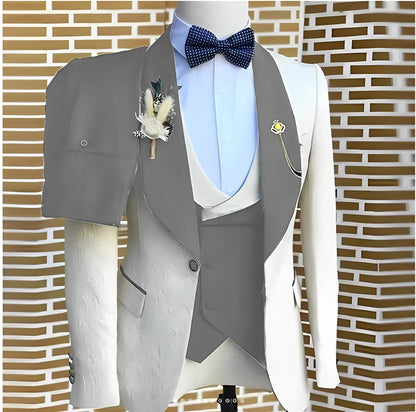 White Jacquard Elegant suits Men For Wedding Formal Jacket Vest Pants 3 Pieces Groomsman Tuxedos Tailored Male Fashion Clothing