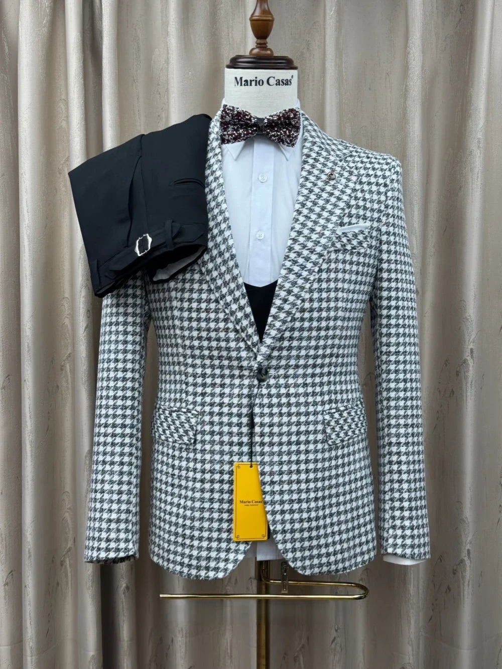 Men's Houndstooth Suit 3 Piece Blazer Jacket Pants Vest Formal Wedding Party Prom Business Outfit Slim Fit Suits Set S-3XL