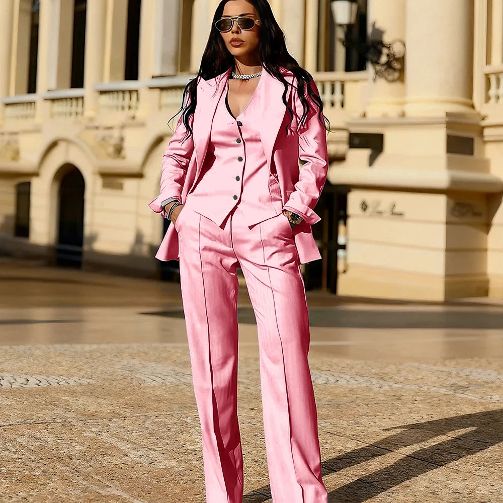 Light Blue 3 Piece Suit Set New Women's Jackets Single Breasted Peaked Lapel Blazer+Vest+Pants Formal Office Commute Outfit