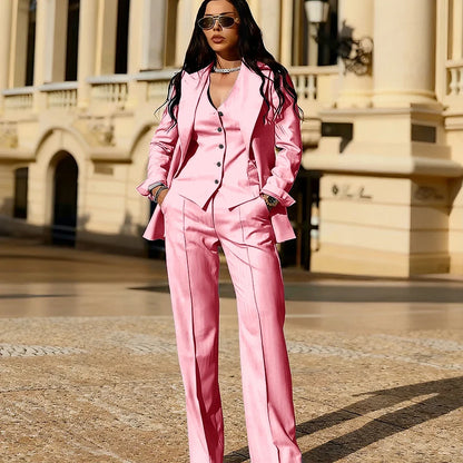 Light Blue 3 Piece Suit Set New Women's Jackets Single Breasted Peaked Lapel Blazer+Vest+Pants Formal Office Commute Outfit