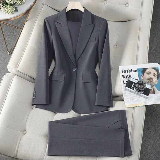 Korean Fashion Work Formal Trousers Blazer Suits Women Autumn New 2026 Commuter Jackets and Pants Sets 2 Piece Outfit Blue