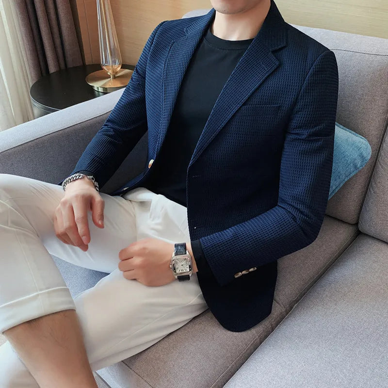 2025 Spring New Waffle Suit Coats Men Slim Fit Business Casual Blazer Jacket Homme Formal Groom Prom Wedding Tuxedo 4XL-M
