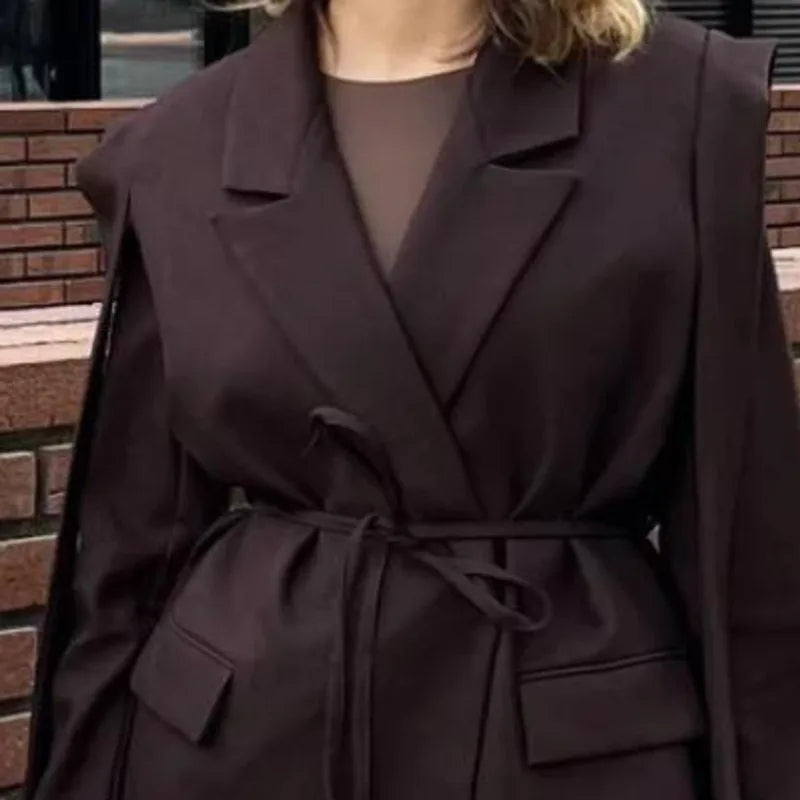 Spring Autumn New Women Blazer Turn-down Collar Long Sleeve Lace-up Waist Cinching Elegant Fashion Office Lady Coat HK16723