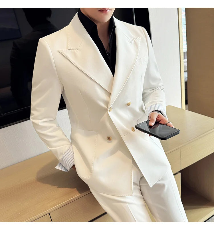 Korean Style Double Breasted Suit Jacket for Men Fashion Casual Business Suit Jackets Office Social Banquet Blazer Masculino