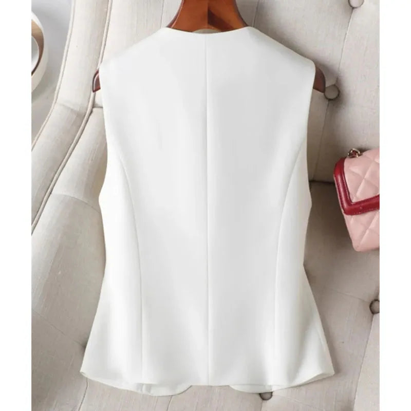Korean Women Short Blazer Sleeveless Outwear Spring Autumn Female Suit Vest Jacket Ladies V-neck Lined Waistcoat Coat   ﻿