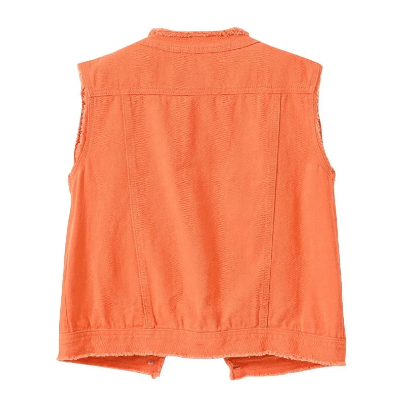 Autumn Women Denim Vests Sleeveless Waistcoat Students Casual Sleeveless Tops Jeans Jackets Pink Yellow White Orange Green 5XL