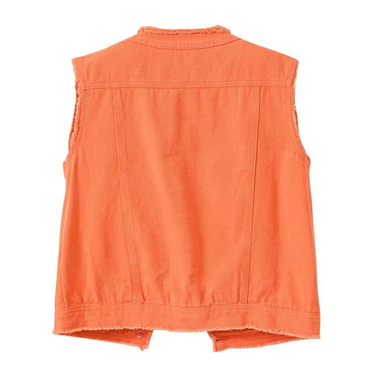 Autumn Women Denim Vests Sleeveless Waistcoat Students Casual Sleeveless Tops Jeans Jackets Pink Yellow White Orange Green 5XL