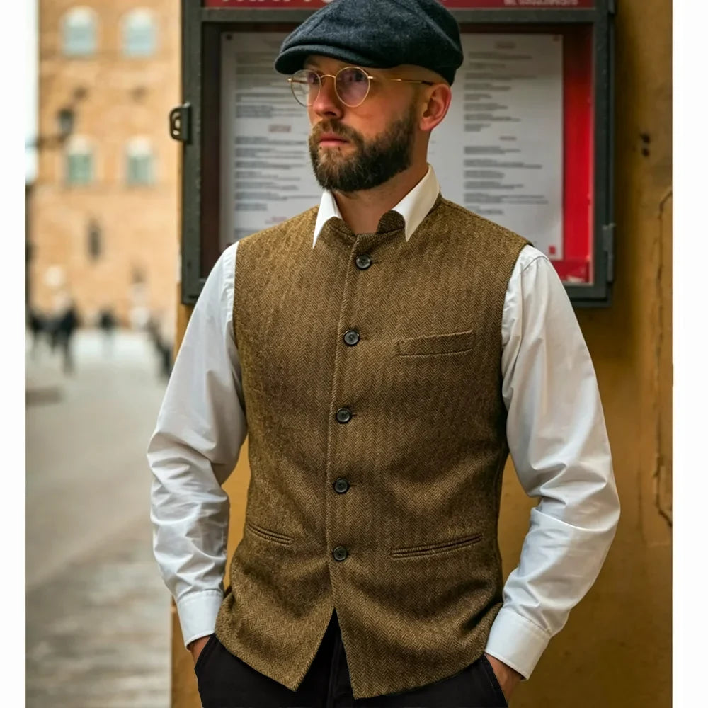 Men's Vest Standing Collar Herringbone Woolen Blend Single Breasted Waistcoat for Business & Casual Wear