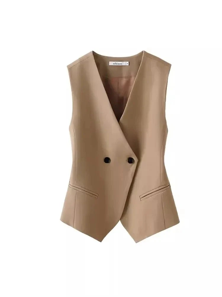 Korean Women Vest 2025 New High-end Casual Suit Vest Commuting Slim Collarless Short Vest Female Sleeveless Jacket Waistcoat Top