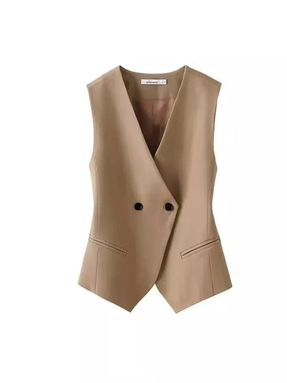 Korean Women Vest 2025 New High-end Casual Suit Vest Commuting Slim Collarless Short Vest Female Sleeveless Jacket Waistcoat Top
