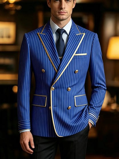 Pinstripe Double Breasted Peak Lapel Mens Suit Jacket Business Slim Fit Gold Trim Striped Coat Formal Wedding Prom Banquet Party
