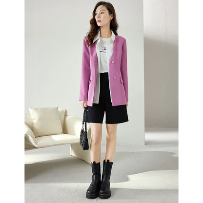 Women's Magenta Blazer Coat 2026 Fall Polo Collar Long Sleeves Outwear Fashion Office Lady Casual Elegant Jacket M2815