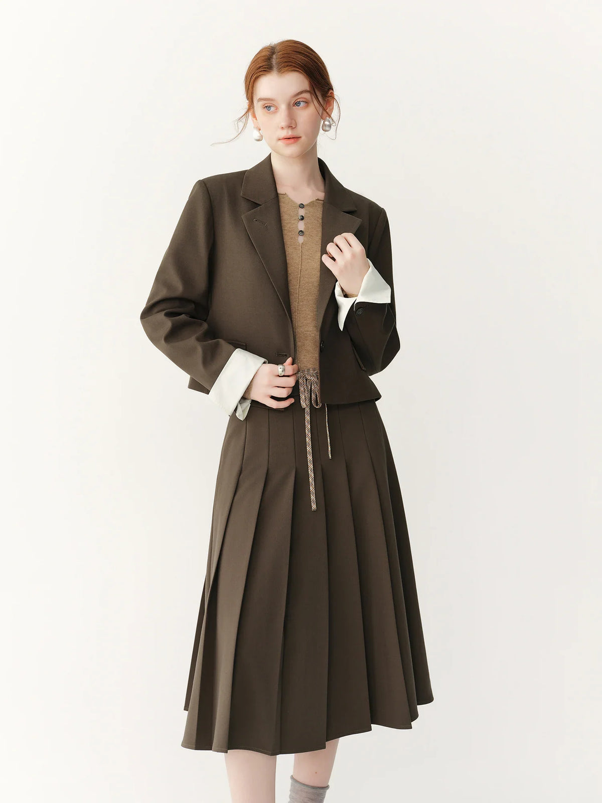 FSLE 2026 Fall Women's Korean-Inspired Petite Cropped Camel Acetate Lyocell Blend Blazer - Chic Office Commute Outerwear