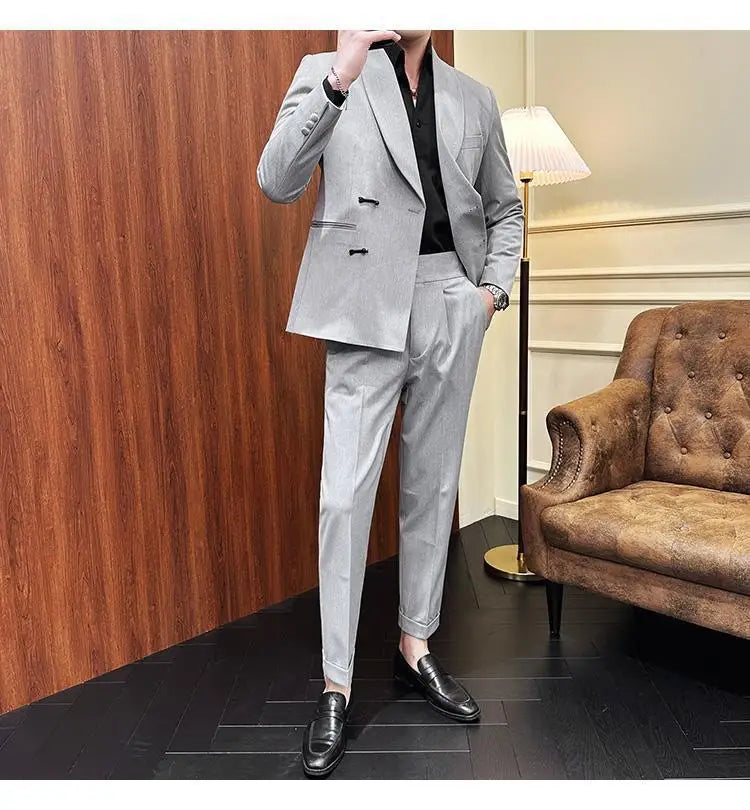 (Jacket+Pants) Vintage Luxury Chinese Style Suit Fashion Men High-end Elegant Business Social Wedding Dress Suit Tuxedo 2Pcs Set