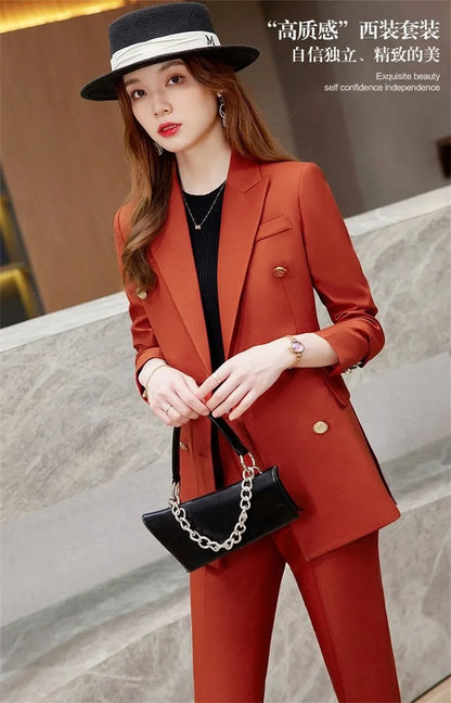 2025 Button Decoration Formal Jacket Blazer and Trouser 2 Piece Set Fashion Pink Green Black Ladies Work Wear Pant Suit Women