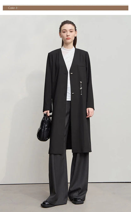Long Women's Jacket 2025 Autumn New V-neck Metal Chain Blazer Women Long Sleeves Elegance Versatile Blazer Ladies 12553052