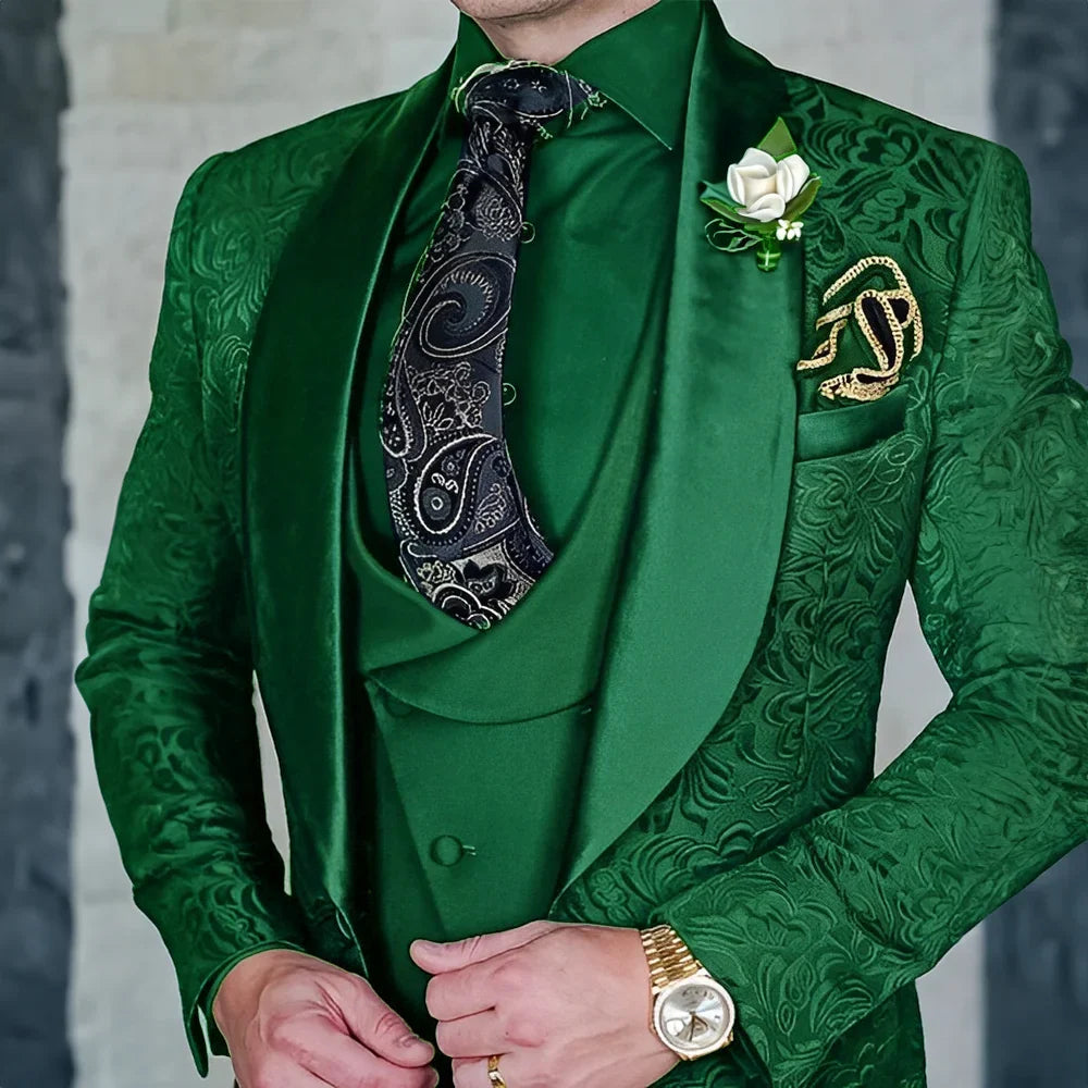 Exquisite jacquard Men's 3-piece Suits Wedding Groom Sets Handsome Shawl Lapel Suit Set Dancing Wear Formal Tuxedo For Business