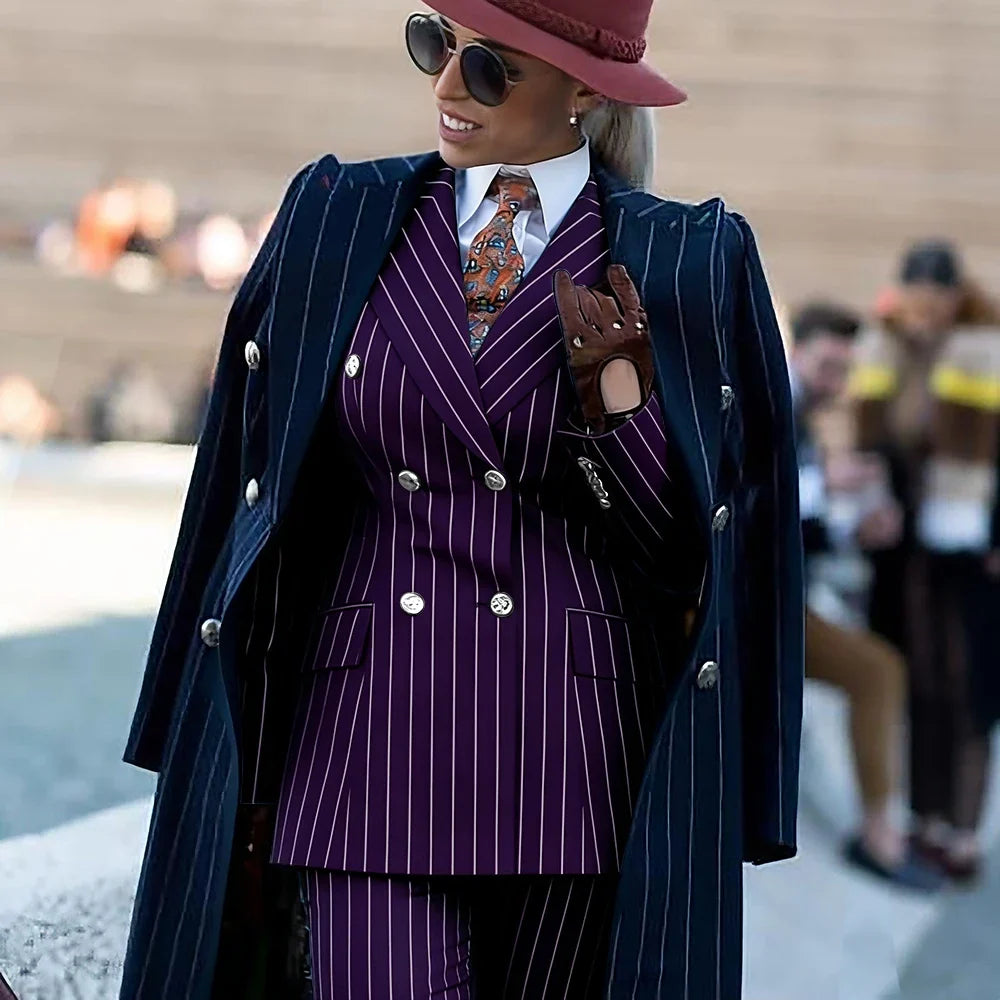 Formal Women's Burgundy Pinstripe Suit with Navy Blue Striped Coat Double Breasted 3Piece Set Elegant Evening Party Outerwears