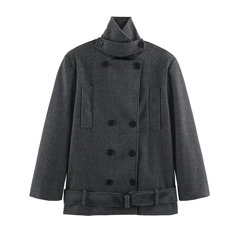 Women Blazer Coat Elegant Chic Dark Style Design Double Breasted Sashes Patchwork Solid Color Loose Woolen Overcoat HK27262