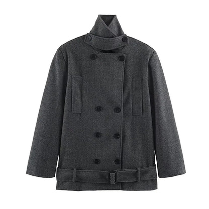 Women Blazer Coat Elegant Chic Dark Style Design Double Breasted Sashes Patchwork Solid Color Loose Woolen Overcoat HK27262