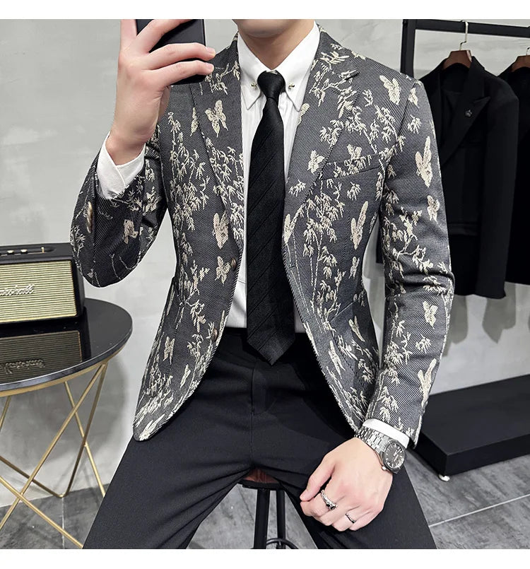 High-end Luxury Printed Slim Fit Suit Jacket For Men 2024 Autumn New Fashion Social Party Casual Suit Coat Swallowtail 4XL-M