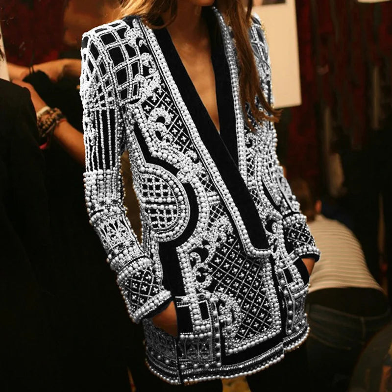 Autumn New Women's Elegant Fashion Luxury Heavy Craft Beaded Printed Coat Stylish V-neck Long Sleeve High-end Blazer HK8297