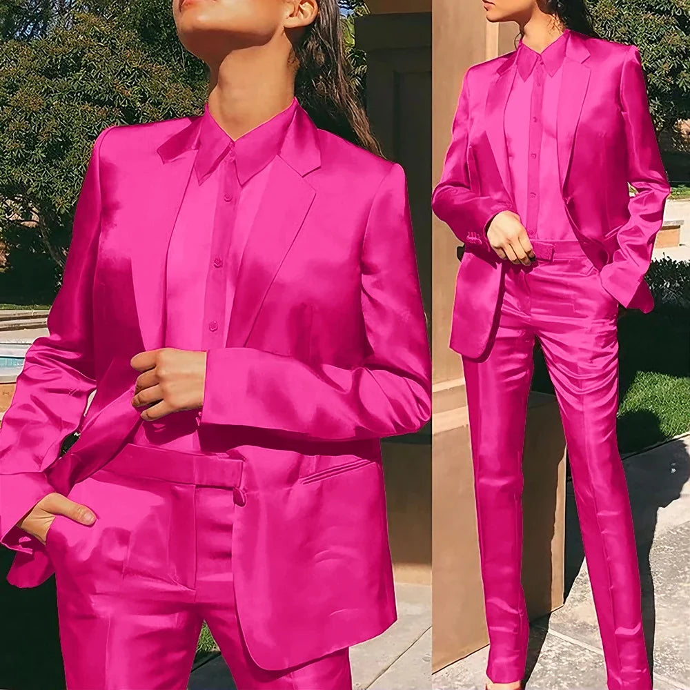 Women’s Red Satin Suit 2 Piece (Jacket+Pants) Set Gorgeous Single-breasted Blazer for Evening Party Formal Cocktail Streetwear