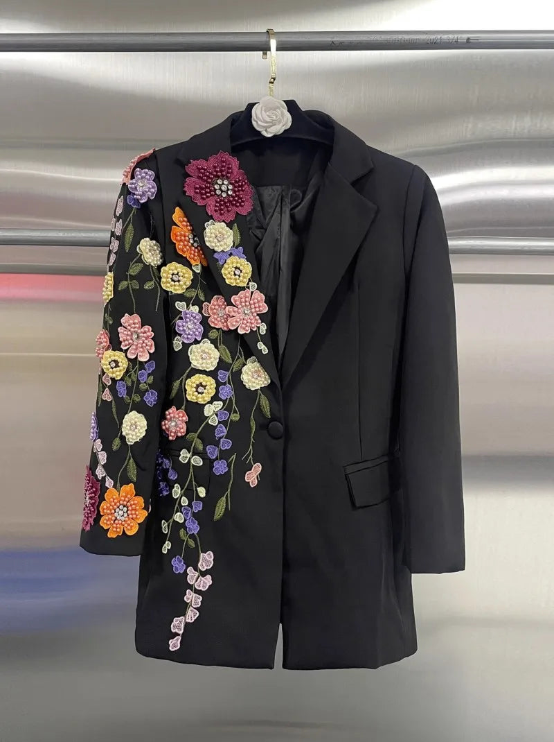 Elegant Women New Autumn Embroidery Floral Blazer Jacket Loose Fit Single Button Work Suit Coat Outwear Fashion Office Ladies