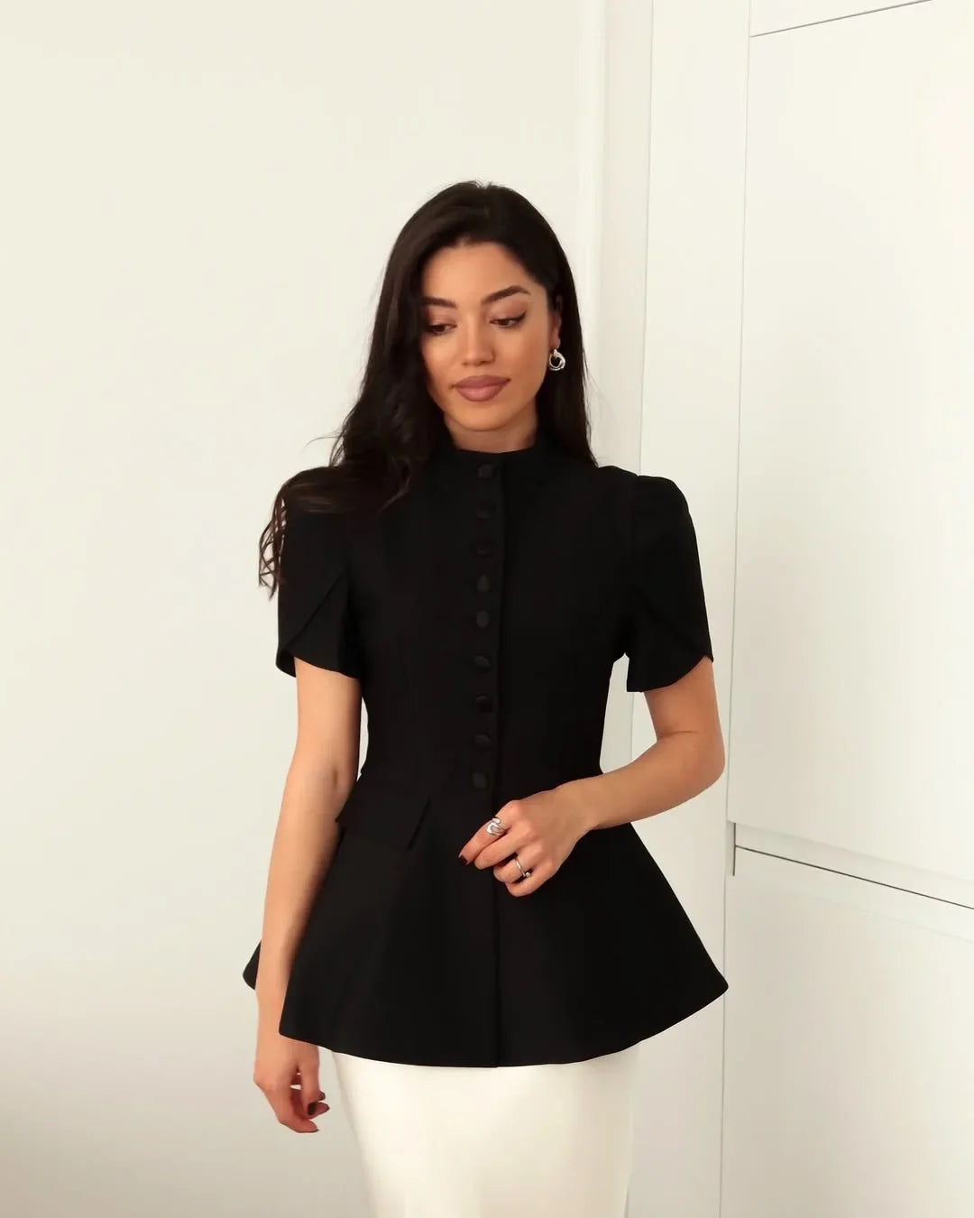 Women's 2025 Autumn New Fashion Fashion Blazer Jacket Stand Collar Button Front Solid Color Slim Fit Short Sleeve Waist Design